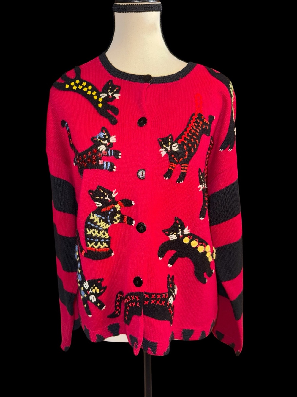Susan Bristol Red Cat Print Button Cardigan with Black Accents